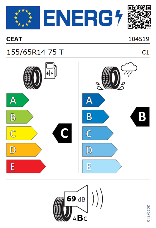 Tyre Label for CEAT Eco Drive 155/65R14 75T